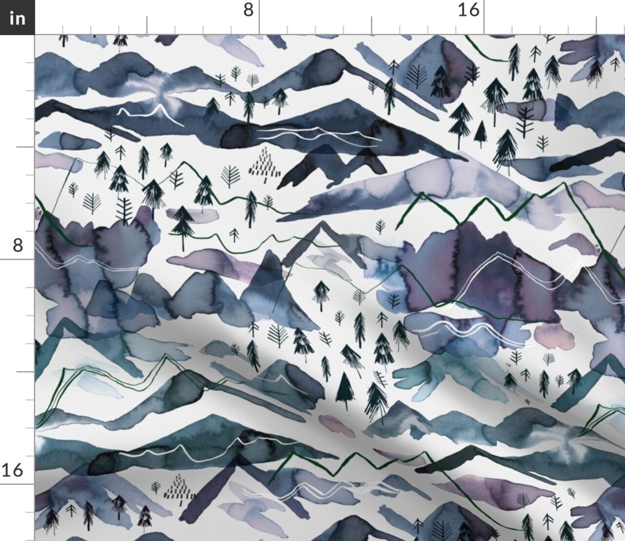 Blue Nature Mountains Watercolor Forest Winter Landscape Outdoors Woodland Countryside Holiday Custom Printed Fabric by Spoonflower Various Fabrics by the Yard or Fat Quarter
